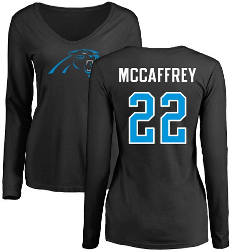 Carolina Panthers Black Women Christian McCaffrey Name and Number Logo Slim Fit NFL Football #22 Long Sleeve T Shirt->women nfl jersey->Women Jersey